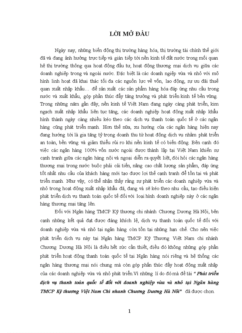 Phát triển dịch vụ thanh toán quốc tế đối với doanh nghiệp vừa và nhỏ tại Ngân hàng TMCP Kỹ thương Việt Nam Chi nhanh Chương Dương Hà Nôi 1
