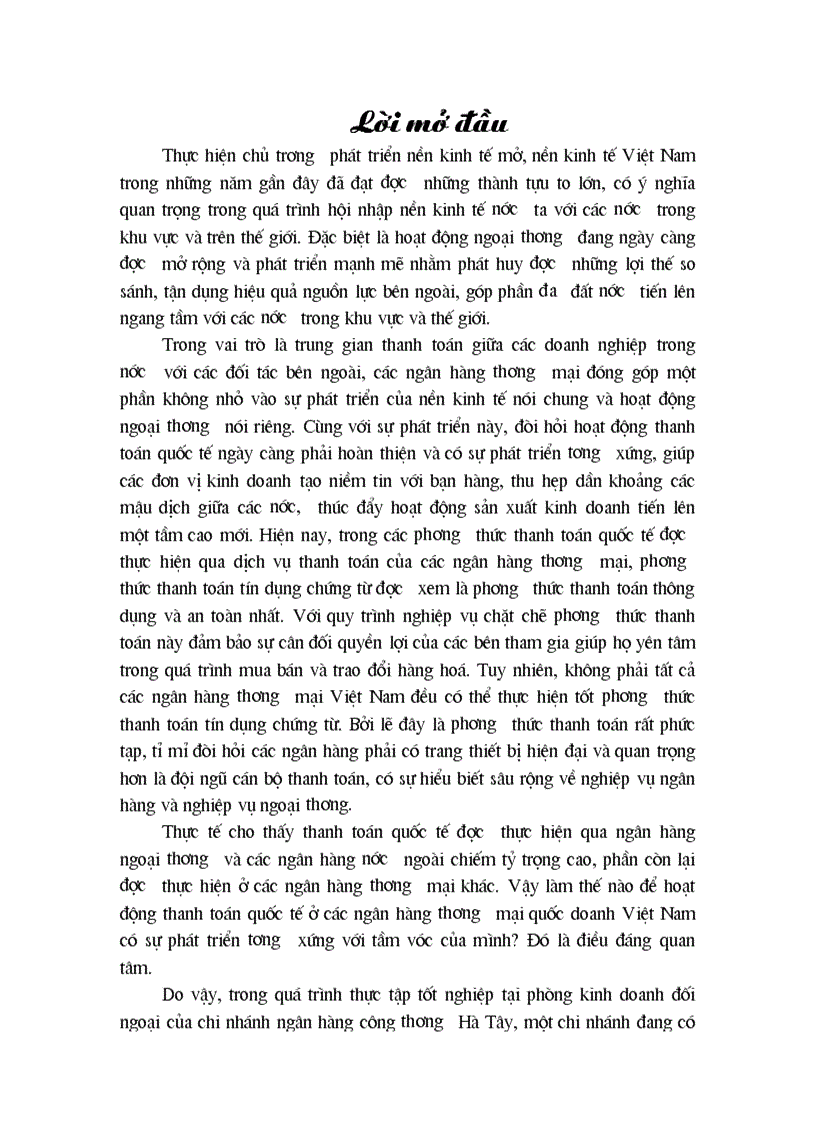 Một số giải pháp nhằm hoàn thiện hoạt động thanh toán xuất nhập khẩu theo phương thức tín dụng chứng từ của các doanh nghiệp kinh doanh xuất nhập khẩu tại Chi nhánh Ngân hàng Công thương Hà Tây 1