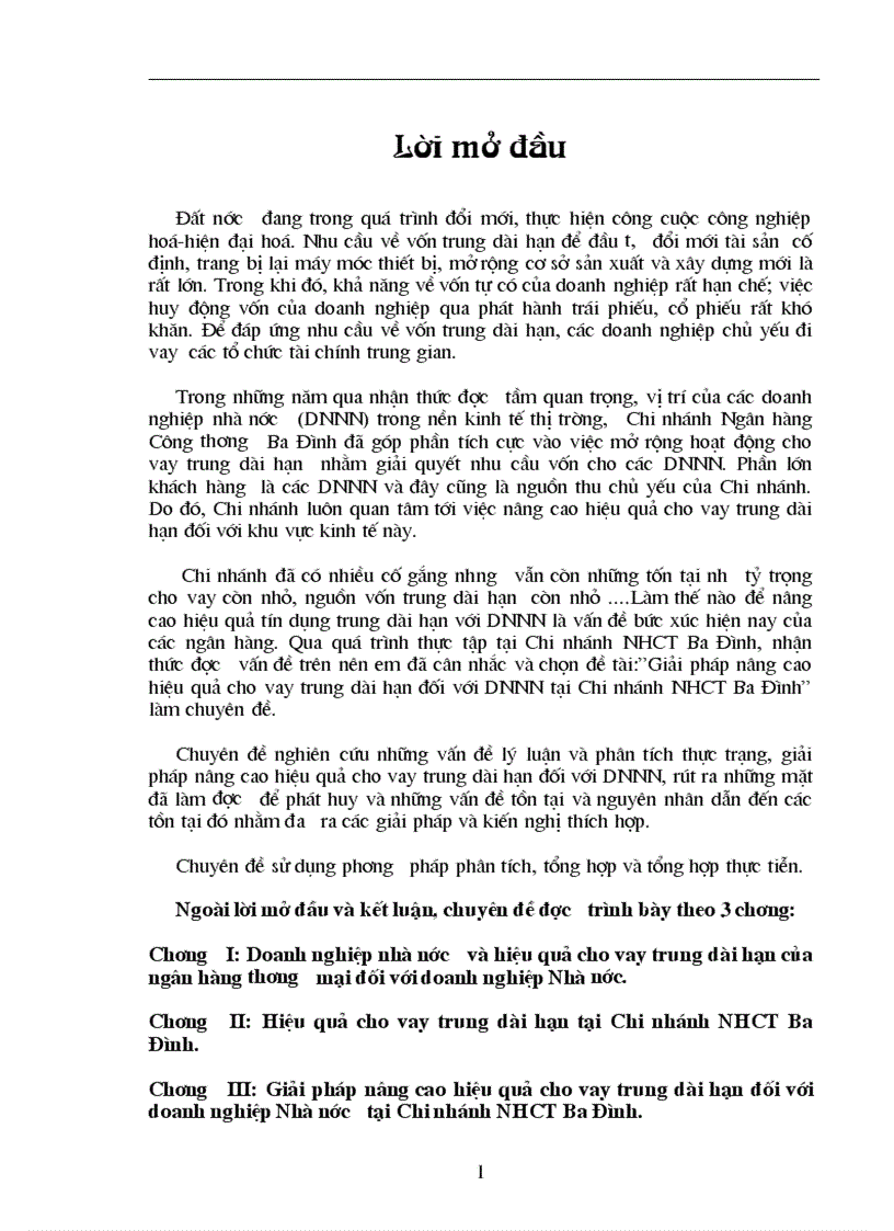 Giải pháp nâng cao hiệu quả cho vay trung dài hạn đối với doanh nghiệp Nhà nước tại Chi nhánh NHCT Ba Đình