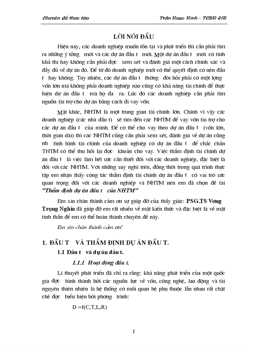 Thẩm định dự án đầu tư của NHTM