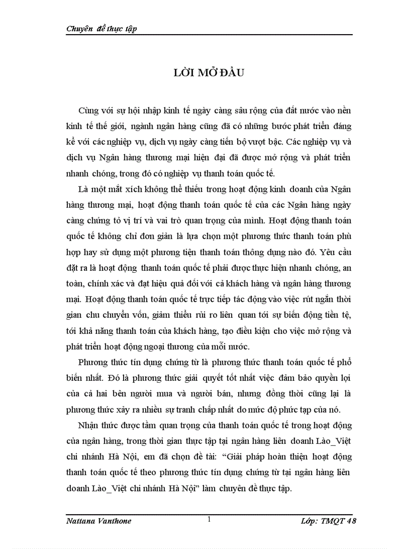 Giải pháp hoàn thiện hoạt động thanh toán quốc tế theo phương thức tín dụng chứng từ tại ngân hàng liên doanh Lào Việt chi nhánh Hà Nội 1