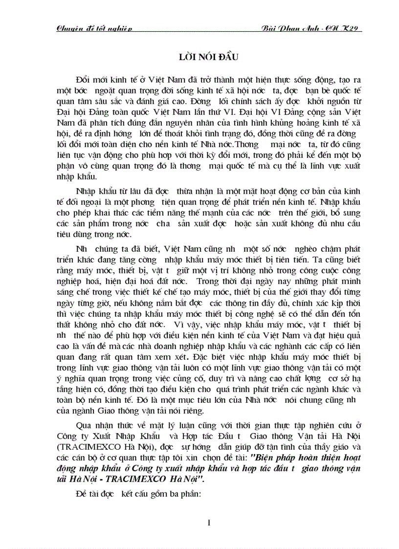 Biện pháp hoàn thiện hoạt động nhập khẩu ở Công ty xuất nhập khẩu và hợp tác đầu tư giao thông vận tải Hà Nội TRACIMEXCO Hà Nội