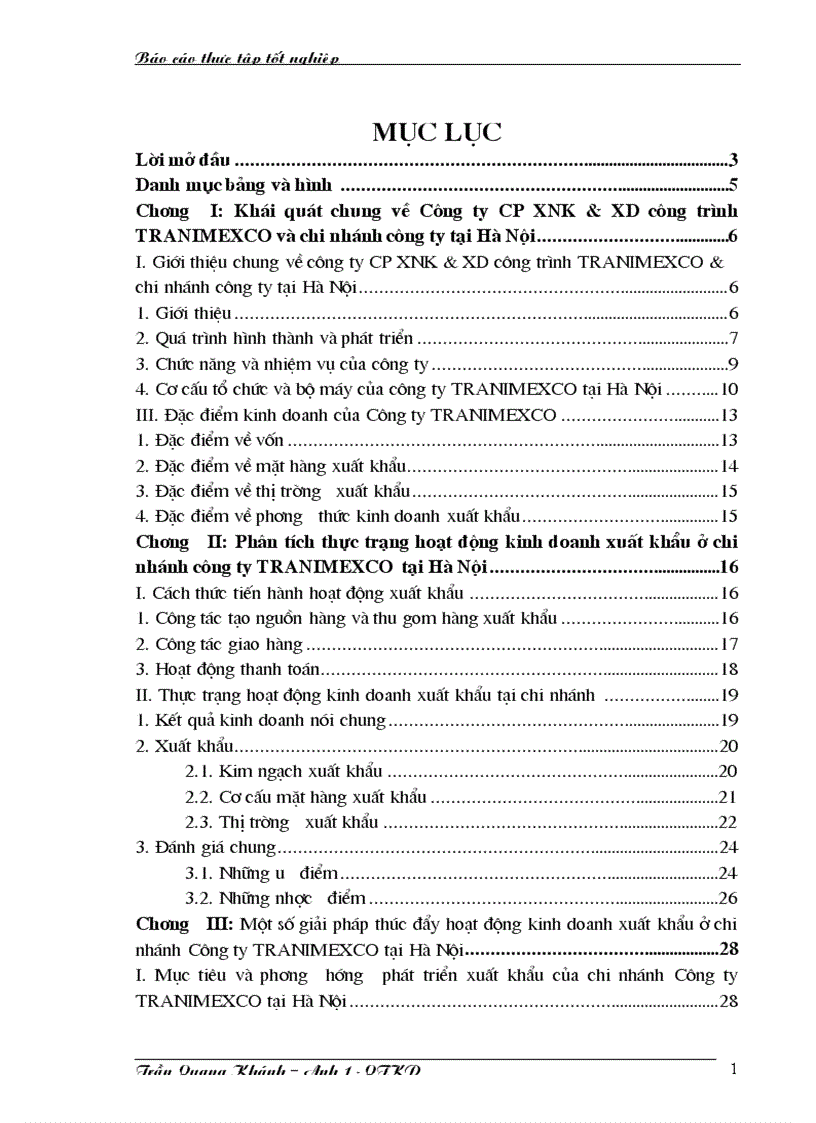Phân tích tình hình kinh doanh xuất khẩu của chi nhánh hà nội thuộc công ty CP XNK XD công trình Tranimexco