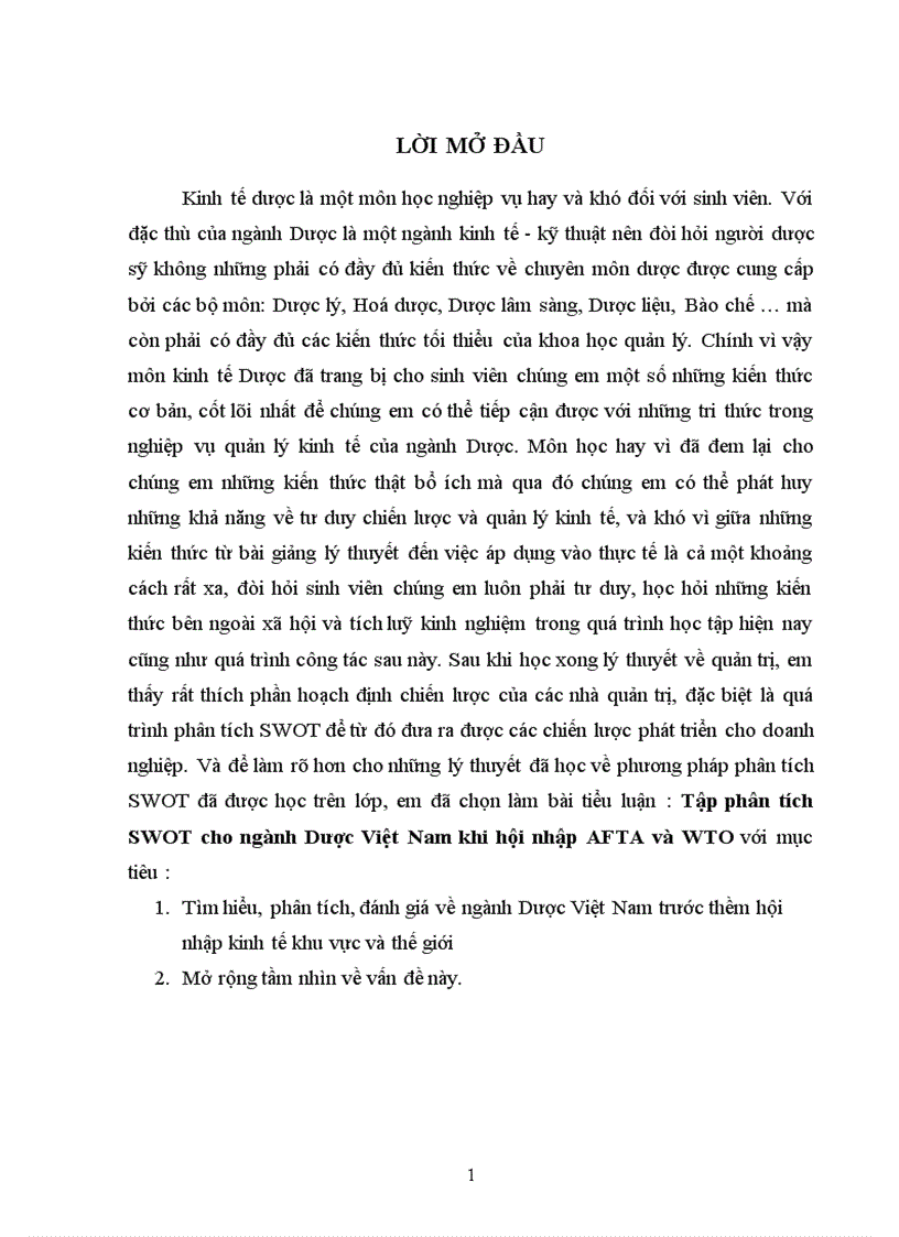 Tập phân tích SWOT cho ngành Dược Việt Nam khi hội nhập AFTA và WTO