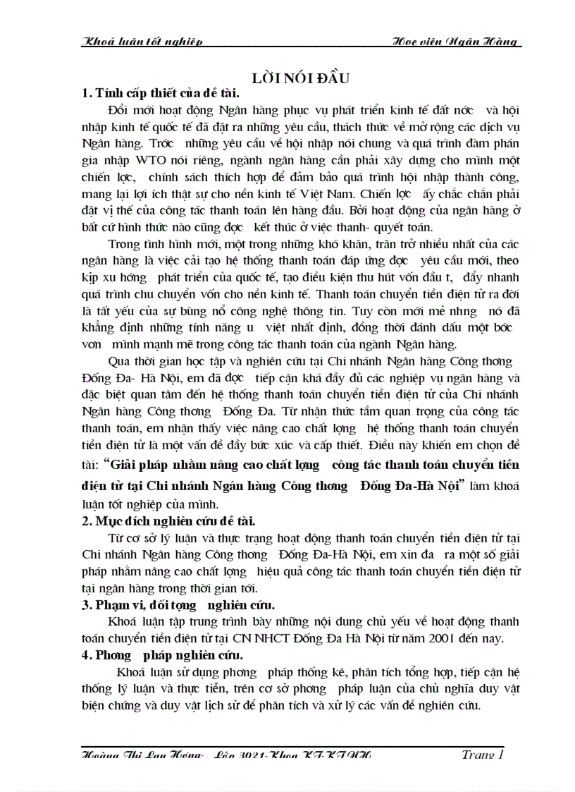 Giải pháp nhằm nâng cao chất lượng công tác thanh toán chuyển tiền điện tử tại Chi nhánh Ngân hàng Công thương Đống Đa Hà Nội 1