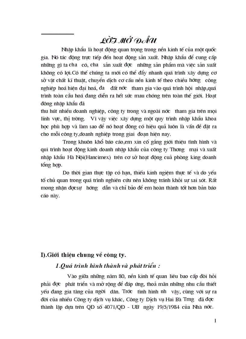 Tình hình và qui trình hoạt động kinh doanh nhập khẩu của công ty Thương mại và xuất nhập khẩu Hà Nội Hancimex