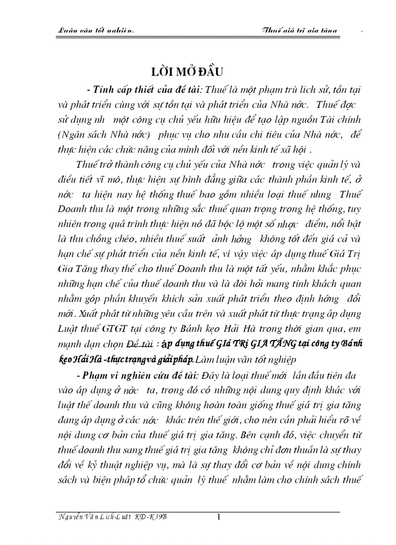 Áp dụng thuế GIá TRị GIA TĂNG tại công ty Bánh kẹo Hải Hà thực trạng và giải pháp