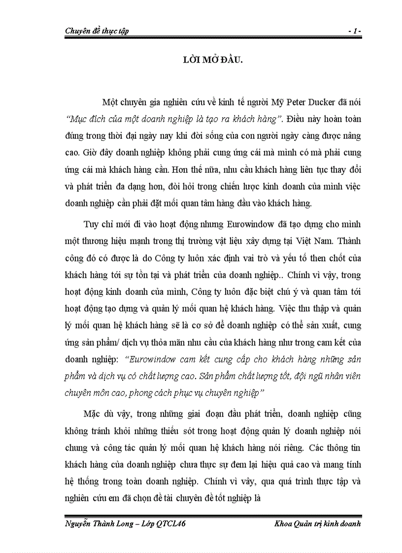 Giải pháp hoàn thiện chất lượng hoạt động quản lý mối quan hệ khách hàng tại công ty cổ phần cửa sổ nhựa Châu Âu