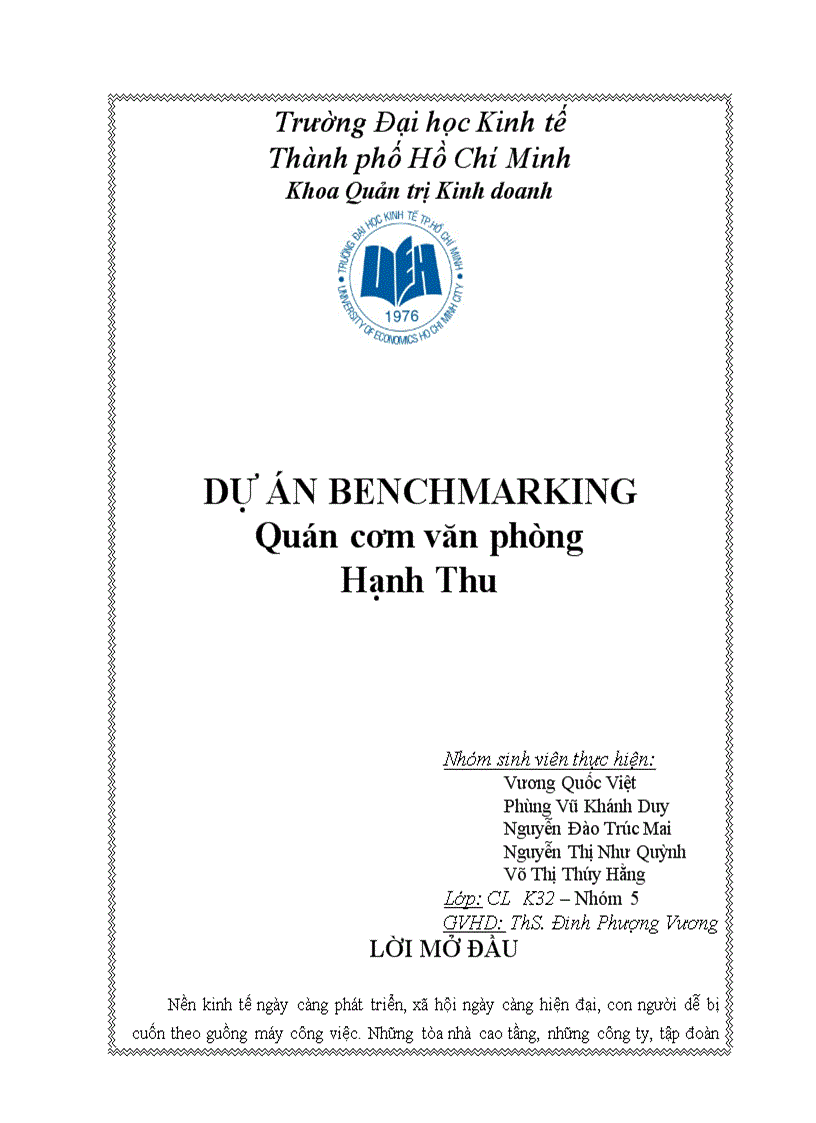 DỰ ÁN BENCHMARKING Quán cơm văn phòng Hạnh Thu