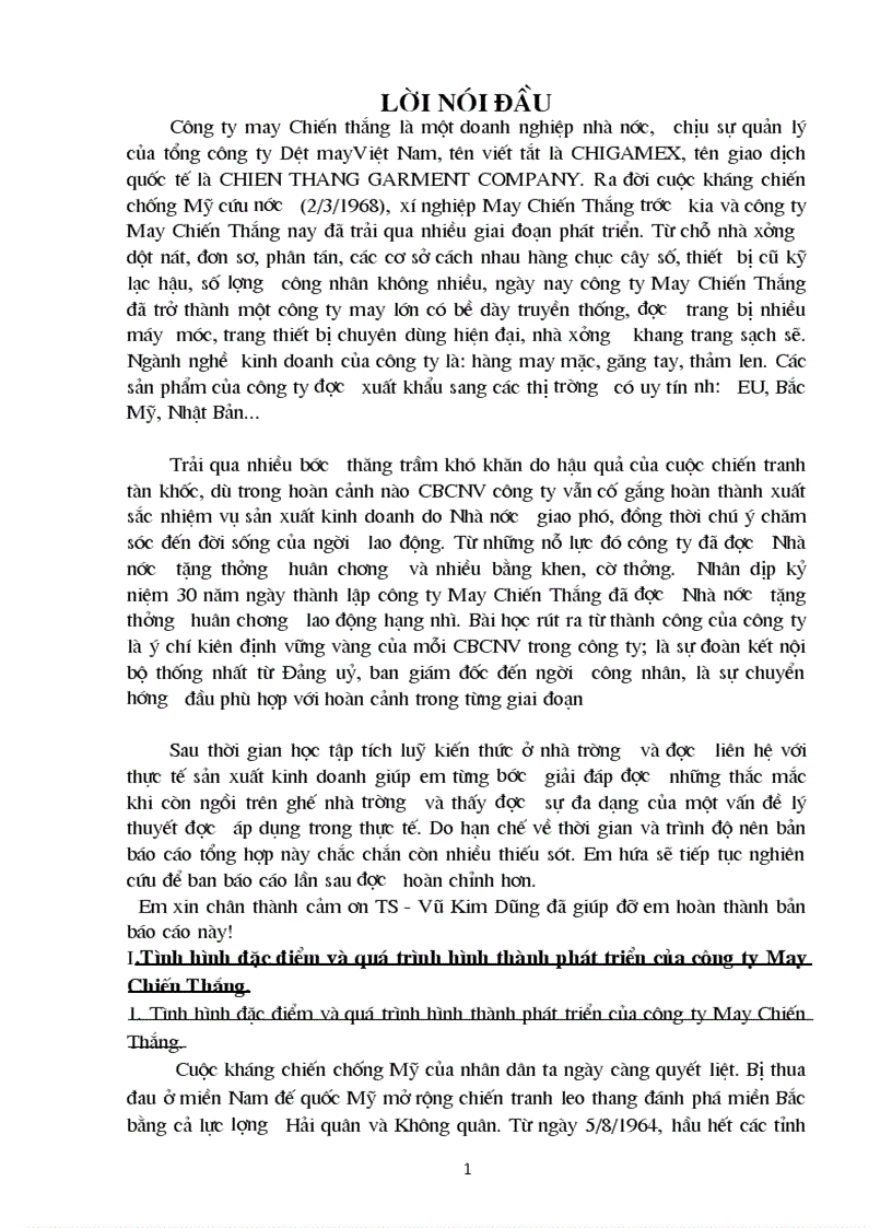 Tổ chức hoạt động của công ty may Chiến Thắng