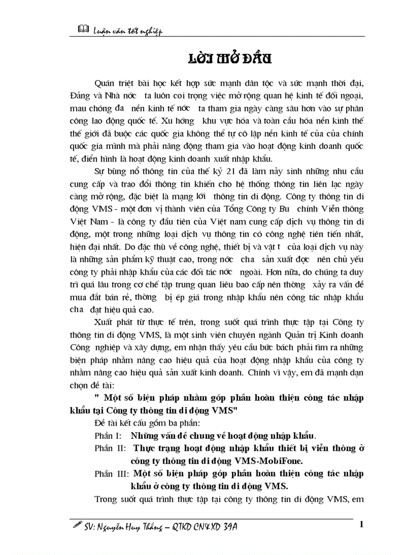 Một số biện pháp nhằm góp phần hoàn thiện công tác nhập khẩu tại Công ty thông tin di động VMS