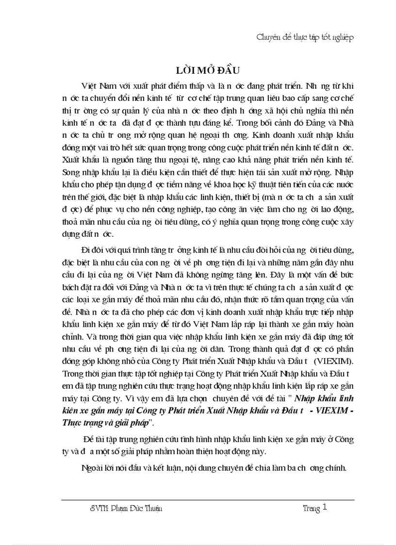 Nhập khẩu linh kiên xe gắn máy tại Công ty Phát triển Xuất Nhập khẩu và Đầu tư VIEXIM Thực trạng và giải pháp
