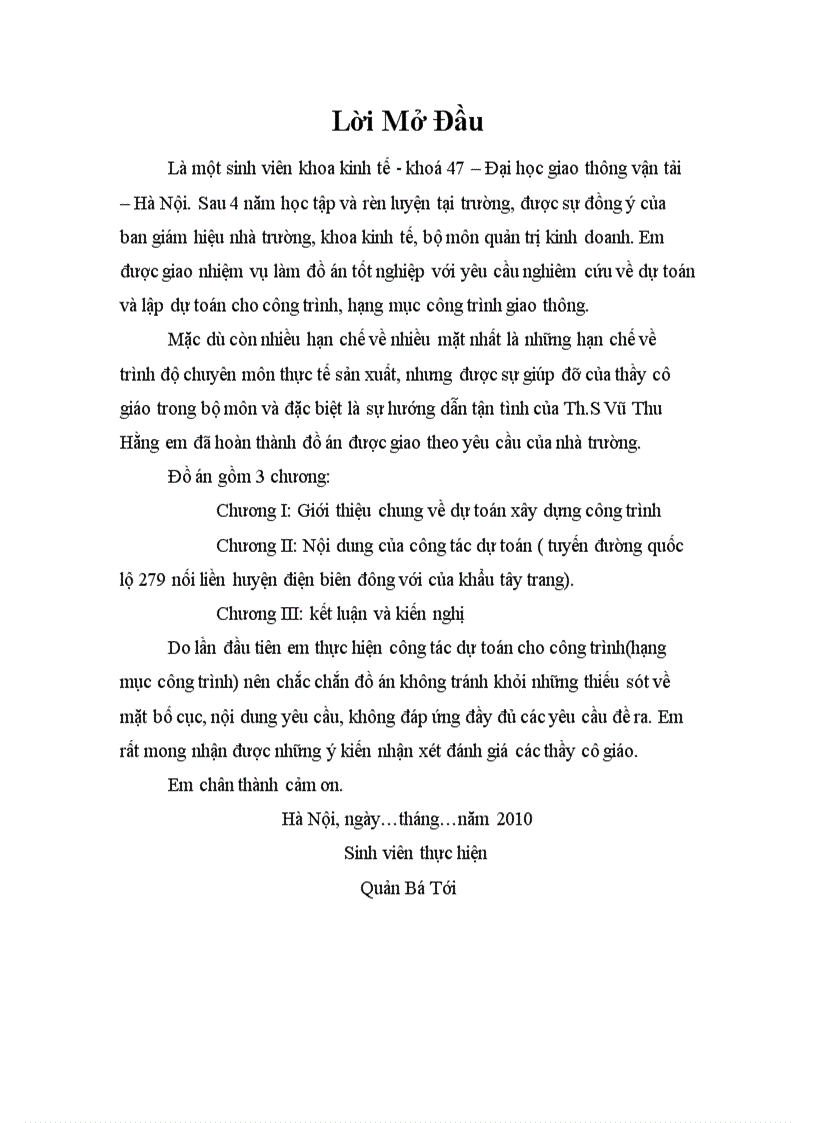 Công tác dự toán tuyến đường quốc lộ 279 nối liền huyện điện biên đông với của khẩu tây trang