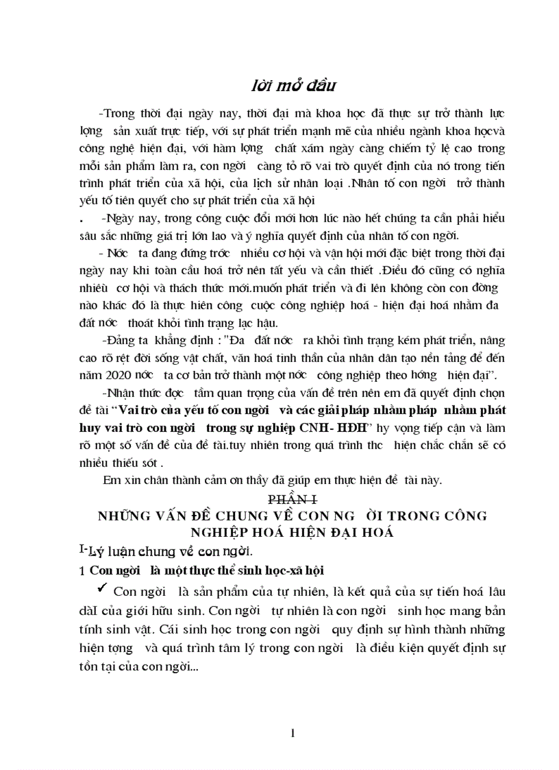 Vai trò của yếu tố con người và các giải pháp nhằm pháp nhằm phát huy vai trò con người trong sự nghiệp CNH HĐH 1