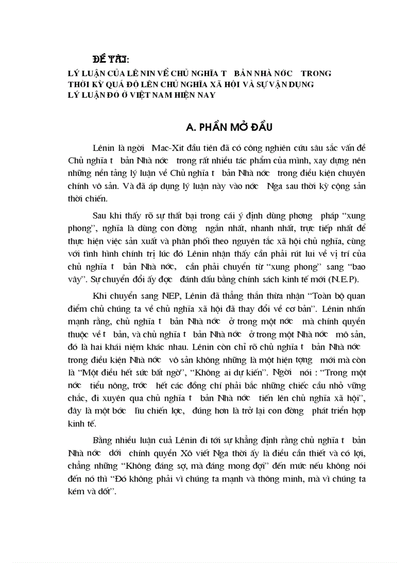 Lý luận của lê nin về chủ nghĩa tư bản nhà nước trong thời kỳ quá độ lên chủ nghĩa xã hội và sự vận dụng lý luận đó ở việt nam hiện nay 1