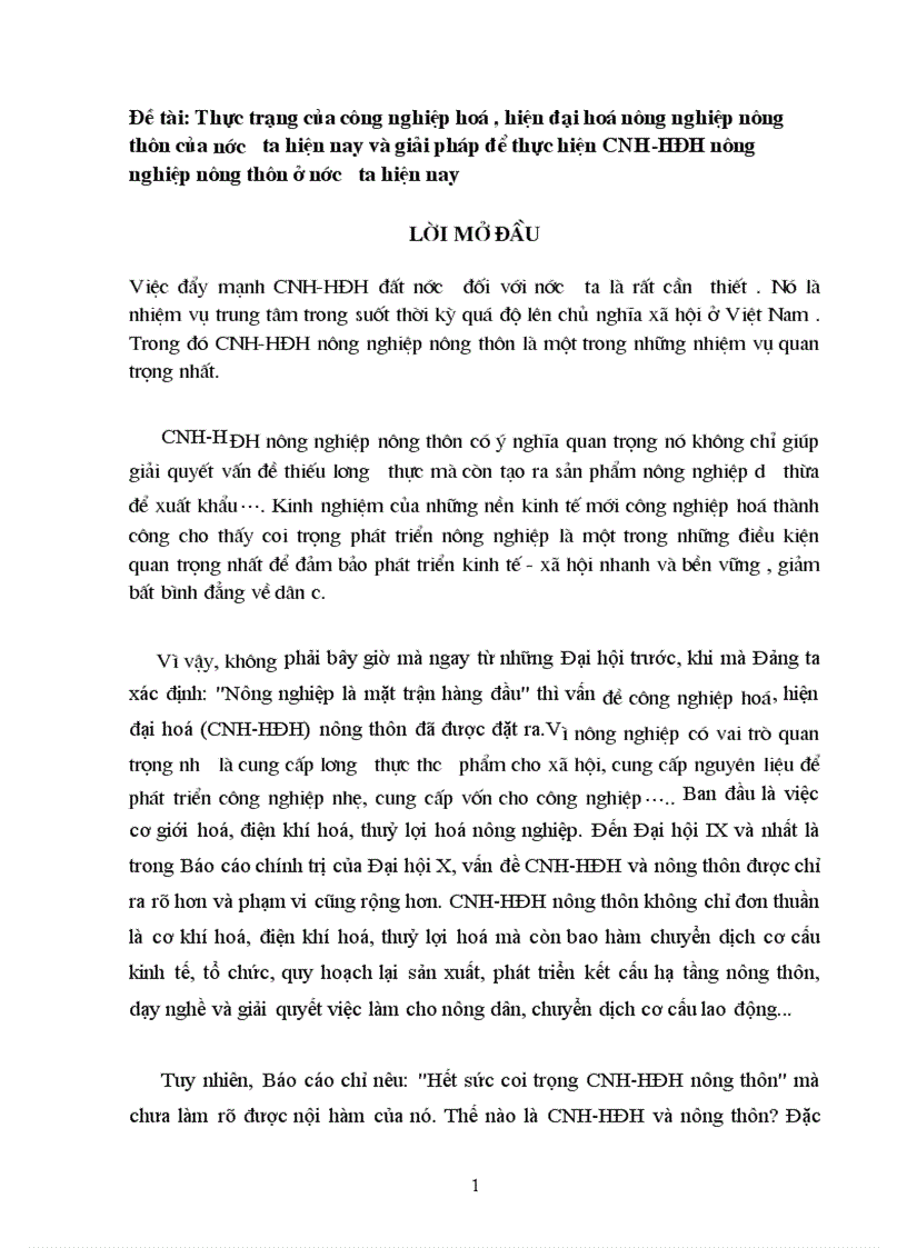Thực trạng của công nghiệp hoá hiện đại hoá nông nghiệp nông thôn của nước ta hiện nay và giải pháp để thực hiện CNH HĐH nông nghiệp nông thôn ở nước ta hiện nay