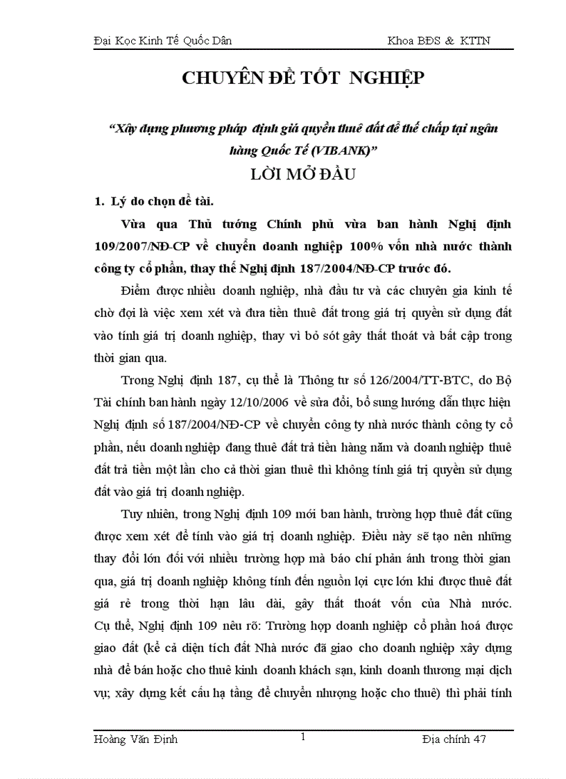 Xây dựng phương pháp định giá quyền thuê đất để thế chấp tại ngân hàng Quốc Tế VIBANK