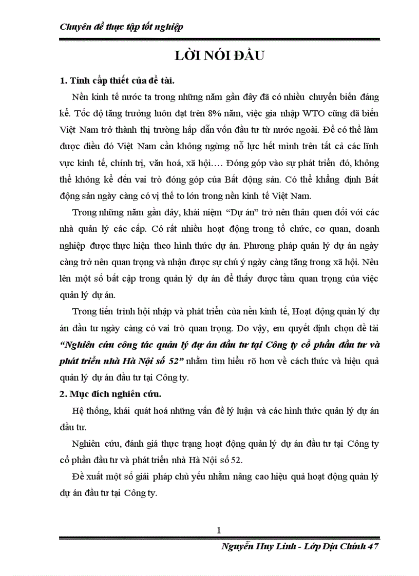 Nghiên cứu công tác quản lý dự án đầu tư tại Công ty cổ phần đầu tư và phát triển nhà Hà Nội số 52