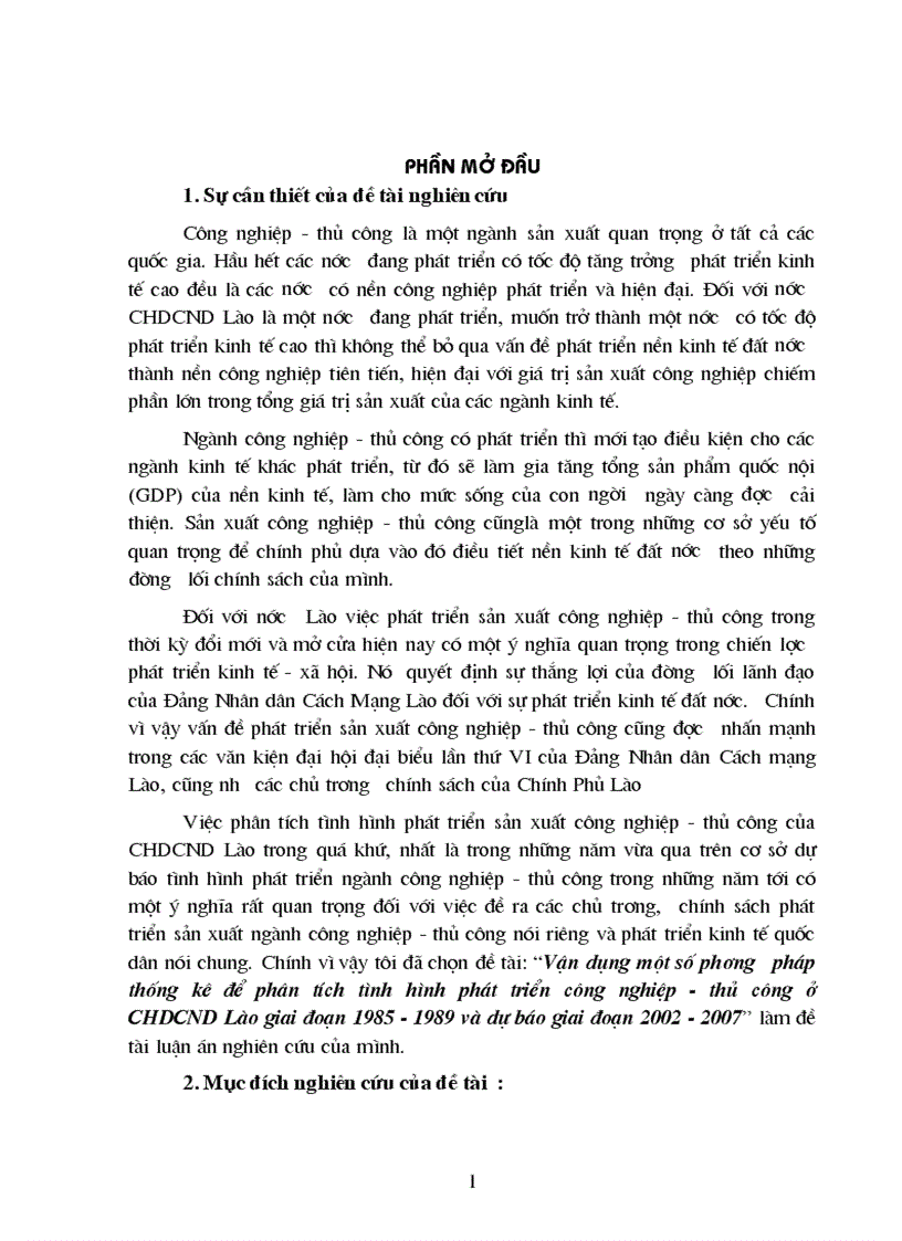 Vận dụng một số phương pháp thống kê để phân tích tình hình phát triển công nghiệp thủ công ở CHDCND Lào giai đoạn 1985 1989 và dự báo giai đoạn 2002 2007