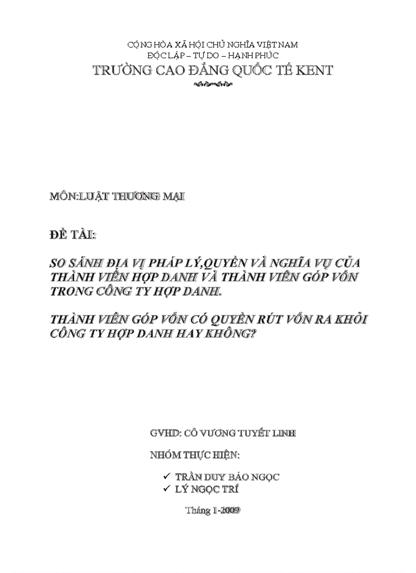 Địa vị pháp lý quyền và nghĩa vụ của thành viên hợp danh và thành viên góp vốn trong công ty hợp danh