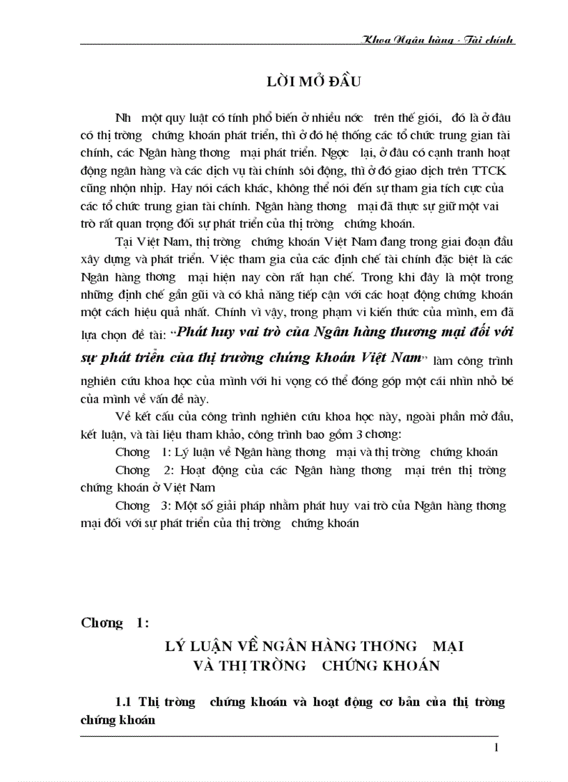 Phát huy vai trò của ngân hàng thương mại đối với sự phát triển của thị trường chứng khoán Việt Nam 1
