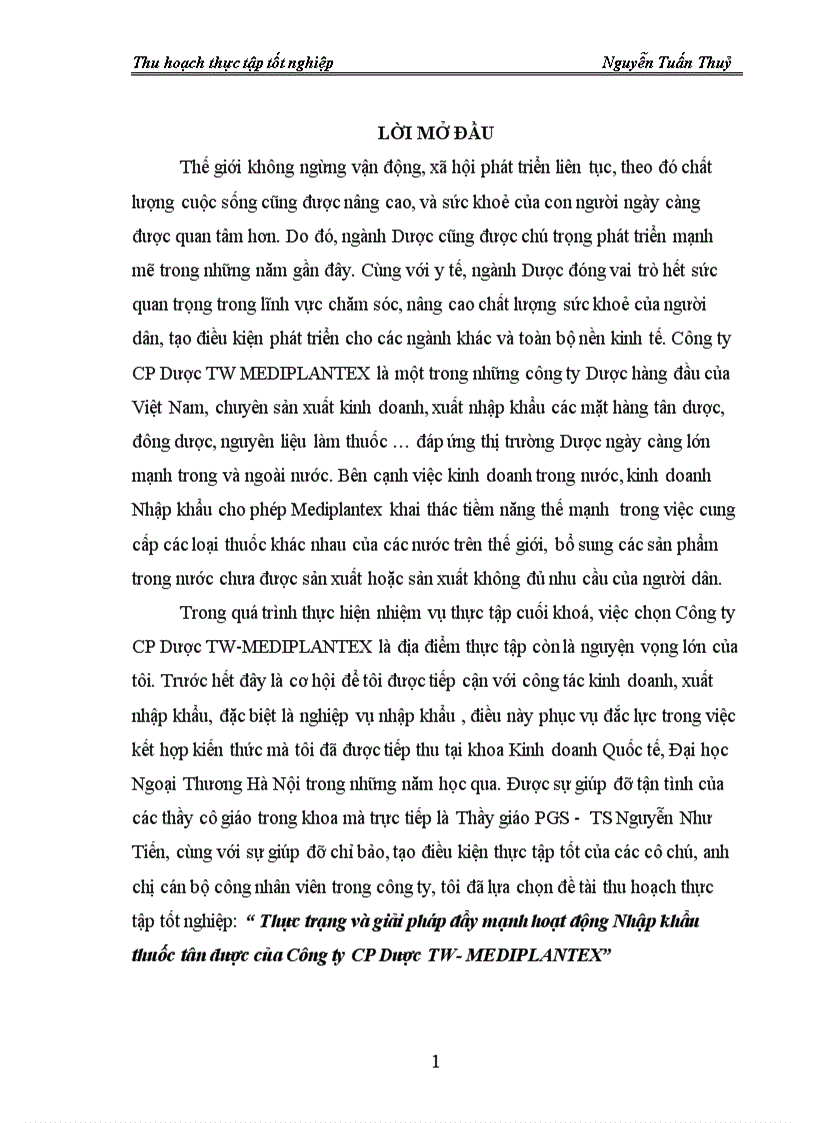 Thực trạng và giải pháp đẩy mạnh hoạt động Nhập khẩu thuốc tân dược của Công ty CP Dược TW MEDIPLANTEX