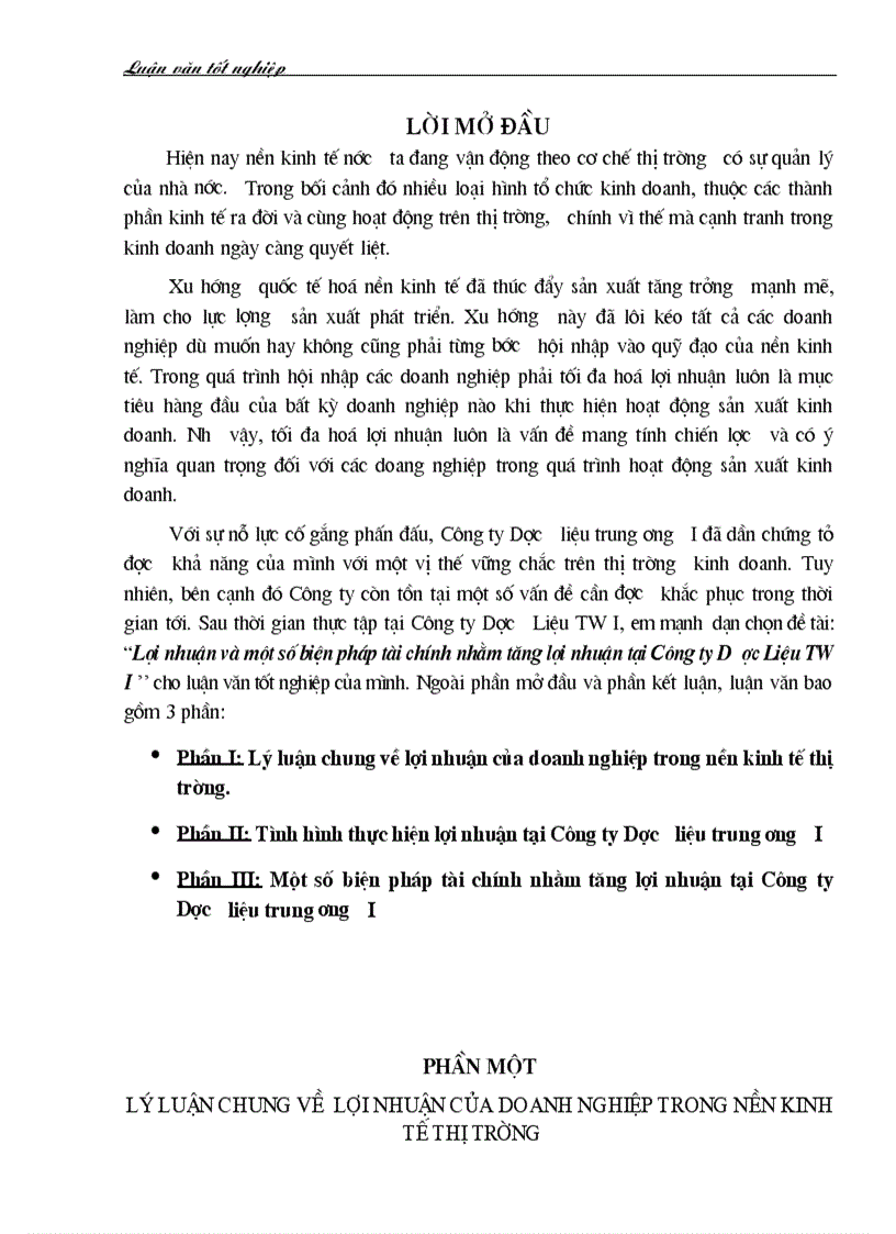 Lợi nhuận và một số biện pháp tài chính nhằm tăng lợi nhuận tại Công ty Dược Liệu TW I