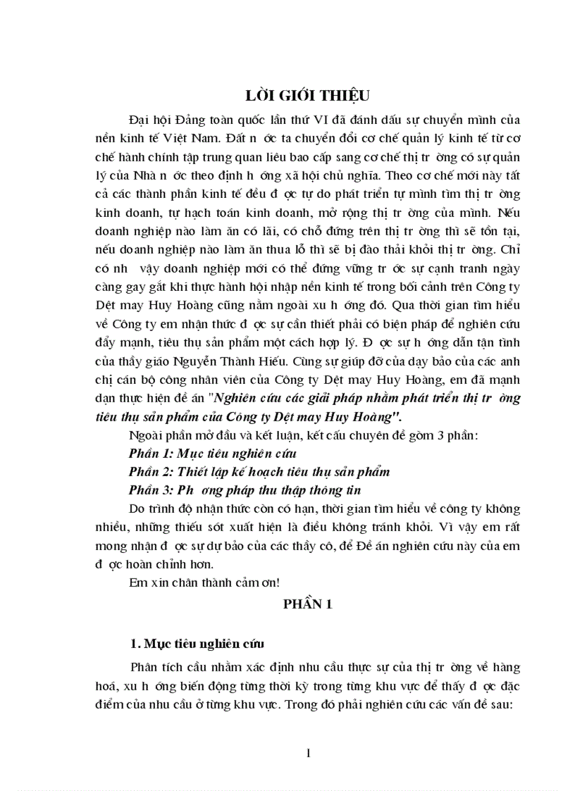 Nghiên cứu các giải pháp nhằm phát triển thị trường tiêu thụ sản phẩm của Công ty Dệt may Huy Hoàng 1