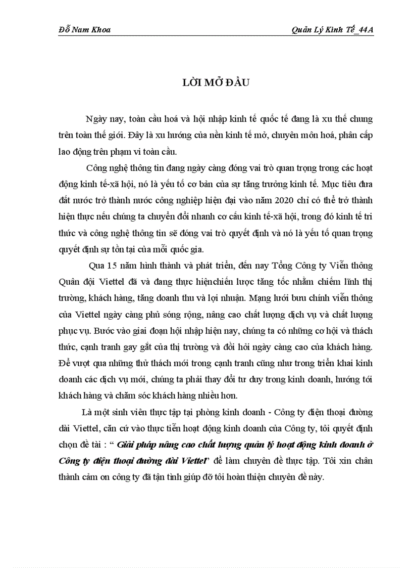 Giải pháp nâng cao chất lượng quản lý hoạt động kinh doanh ở Công ty điện thoại đường dài Viettel