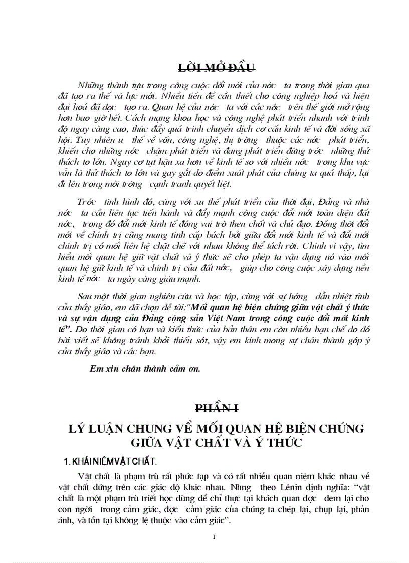 Mối quan hệ biện chứng giữa vật chất ý thức và sự vận dụng của Đảng cộng sản Việt Nam trong công cuộc đổi mới kinh tế 1
