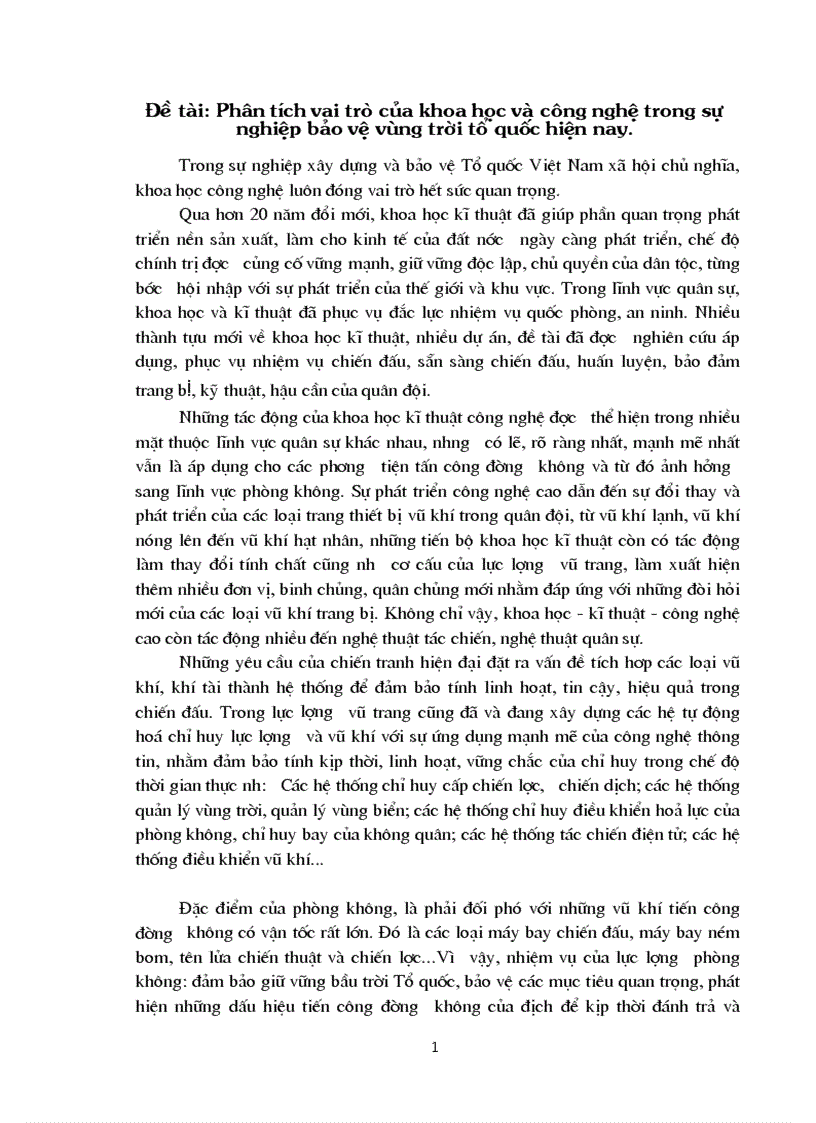 Phân tích vai trò của khoa học và công nghệ trong sự nghiệp bảo vệ vùng trời tổ quốc hiện nay