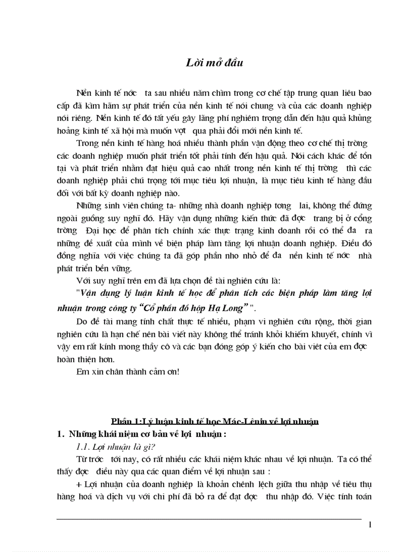 Vận dụng lý luận kinh tế học để phân tích các biện pháp làm tăng lợi nhuận trong công ty Cổ phần đồ hộp Hạ Long 1
