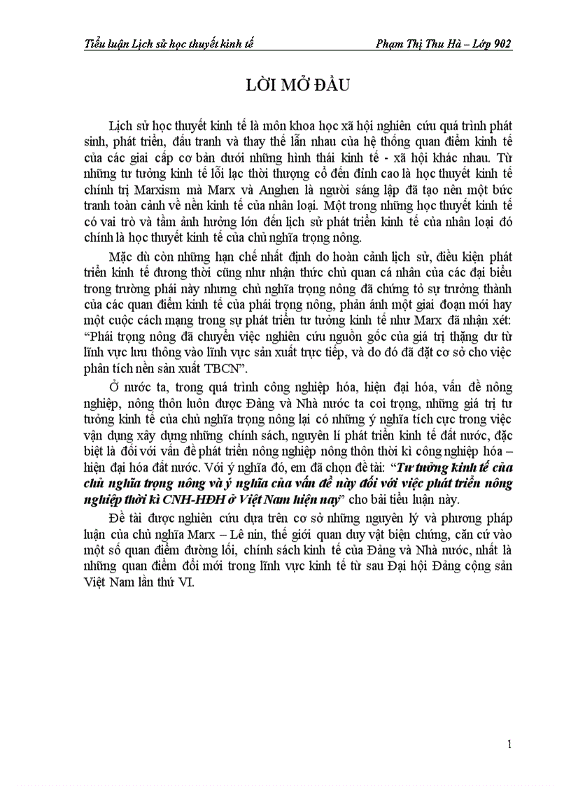 Tư tưởng kinh tế của chủ nghĩa trọng nông và ý nghĩa của vấn đề này đối với việc phát triển nông nghiệp thời kì CNH HĐH ở Việt Nam hiện nay 1