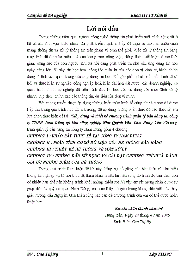 Xây dựng và thiết kế chưong trình quản lý bán hàng tại công ty TNHH Nam Dũng tại khu công nghiệp Như Quỳnh Văn Lâm Hưng Yên