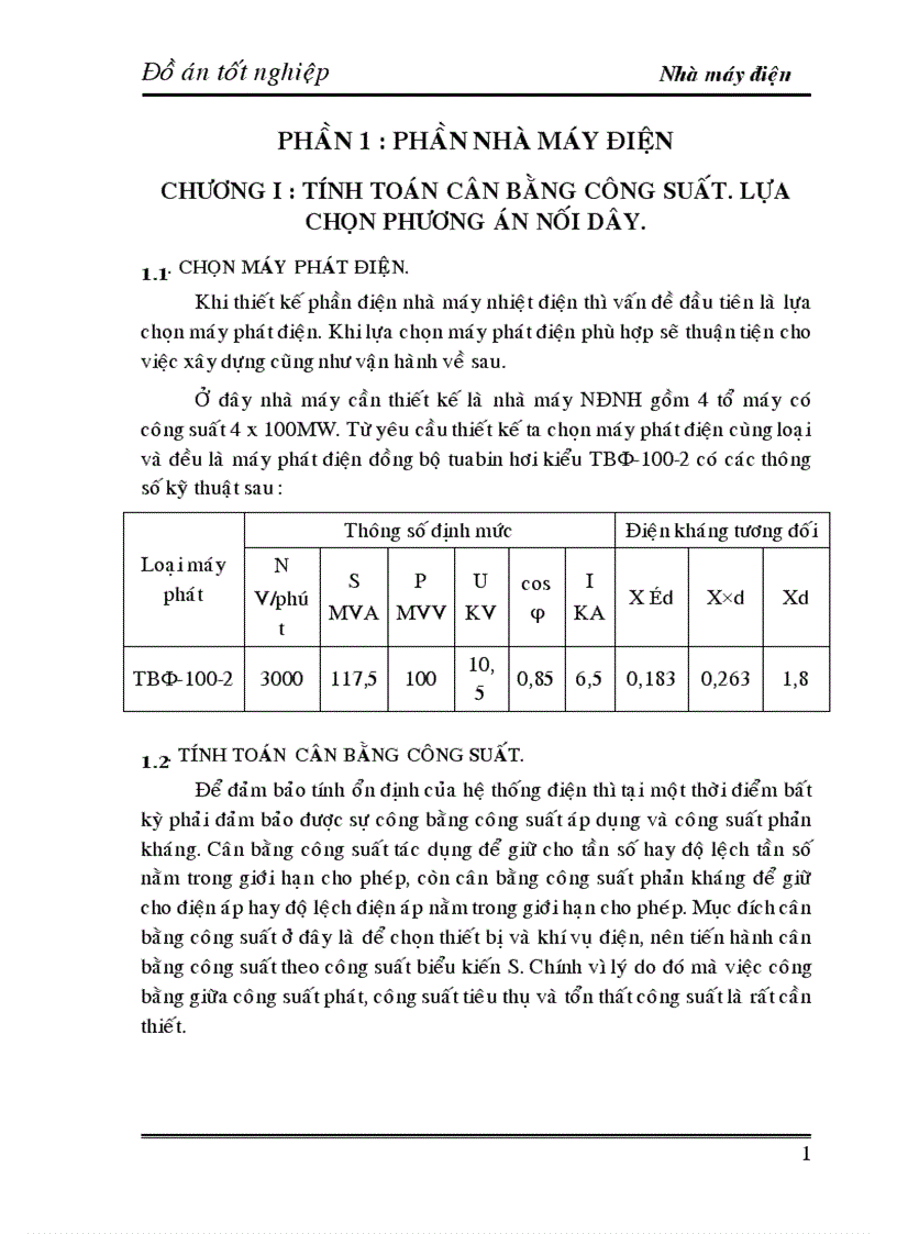 Đồ án tốt nghiệp Thiết kế nhà máy điện 1