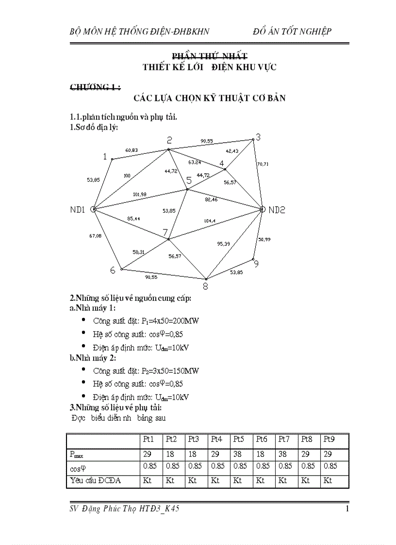 Thành lập các phương án lưới đIện Tính toán kỹ thuật các phương án