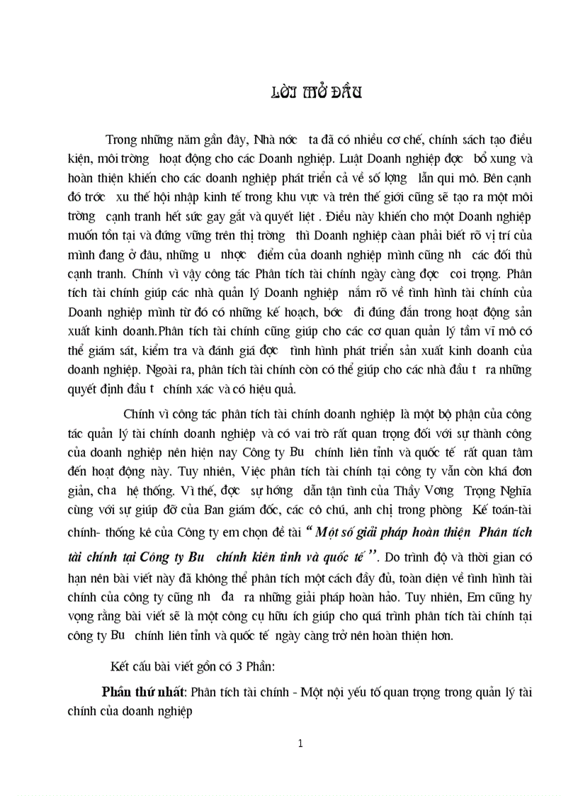 Một số giải pháp hoàn thiện Phân tích tài chính tại Công ty Bưu chính kiên tinh và quốc tế