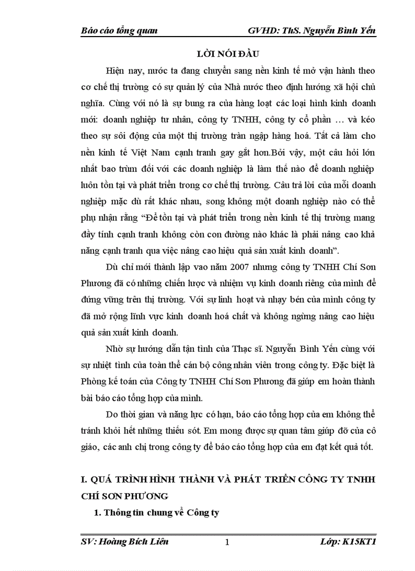 Báo cáo tổng hợp tại Công ty TNHH Chí Sơn Phương