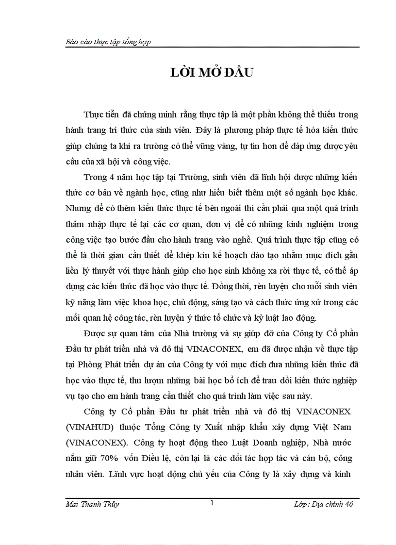 Báo cáo thực tập tại Công ty Cổ phần Đầu tư phát triển nhà và đô thị VINACONEX VINAHUD