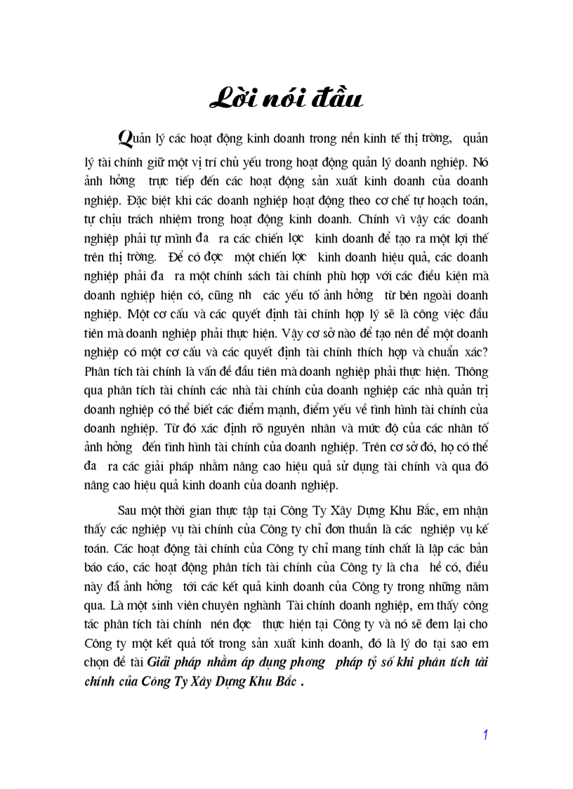 Giải pháp nhằm áp dụng phương pháp tỷ số khi phân tích tài chính của Công Ty Xây Dựng Khu Bắc 1