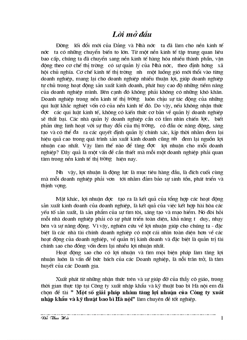 Một số giải pháp nhằm tăng lợi nhuận của Công ty xuất nhập khẩu và kỹ thuật bao bì Hà nội