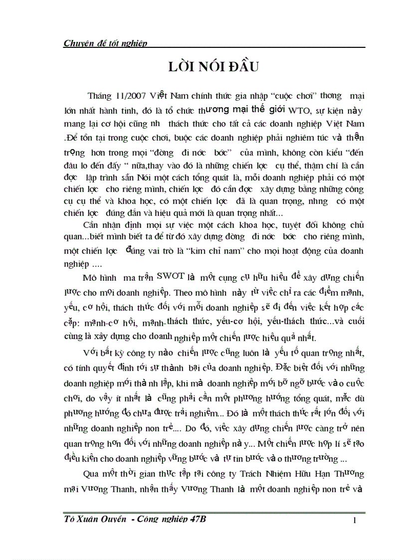 Vận dụng ma trận SWOT để xây dựng phương hướng chiến lược cho công ty TNHH Thương mại Vương Thanh