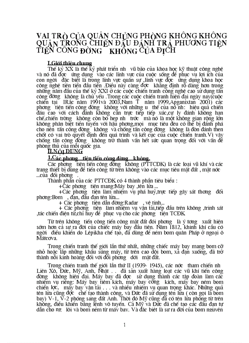 Vai trò của quân chủng phòng không không quân trong chiến đấu đánh trả phương tiện tiến công đường không của địch