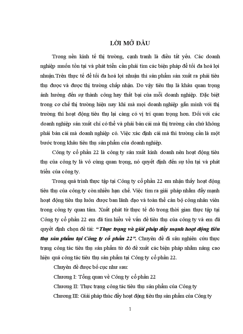 Thực trạng và giải pháp đẩy mạnh hoạt động tiêu thụ sản phẩm tại Công ty cổ phẩn 22