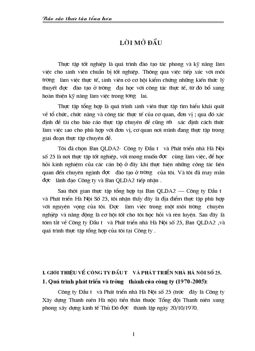 Báo cáo thực tập tại Công ty Đầu tư và Phát triển nhà Hà Nội số 25