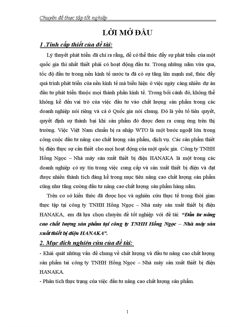 Đầu tư nâng cao chất lượng sản phẩm tại công ty TNHH Hồng Ngọc Nhà máy sản xuất thiết bị điện HANAKA