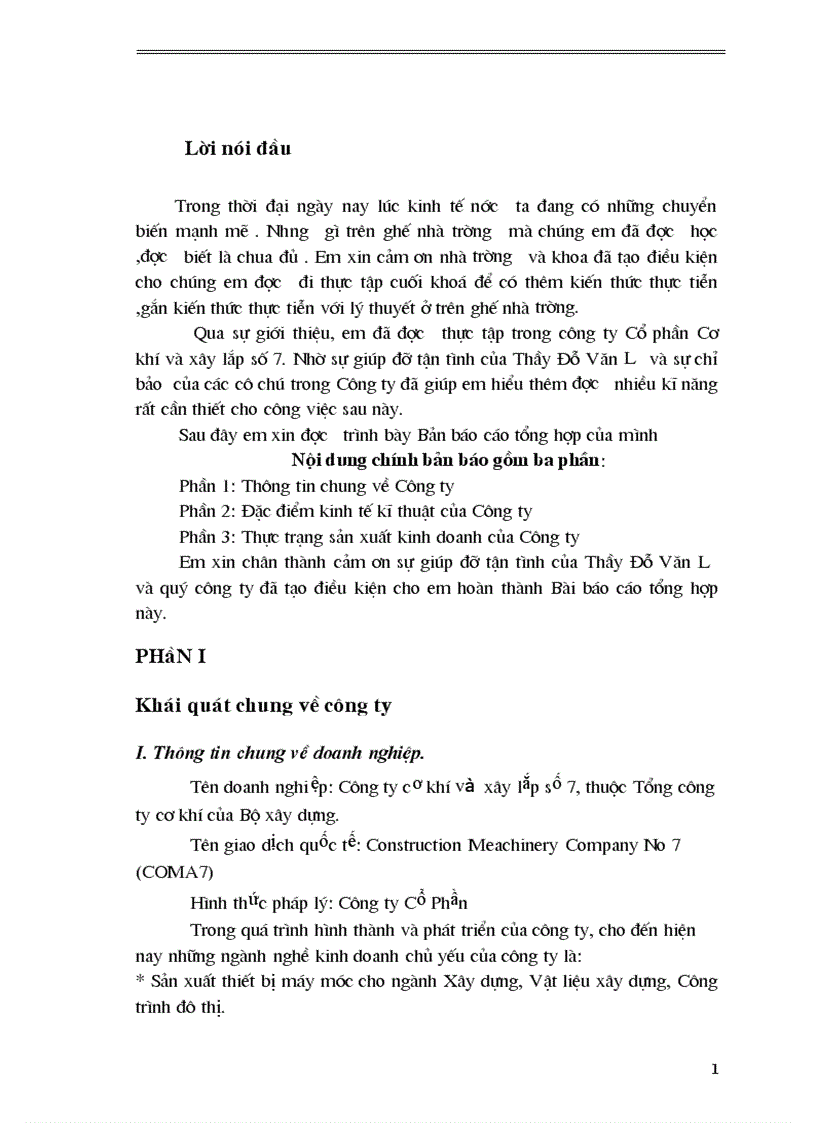 Báo cáo thực tập tổng hợp về công ty Cổ phần Cơ khí và xây lắp số 7