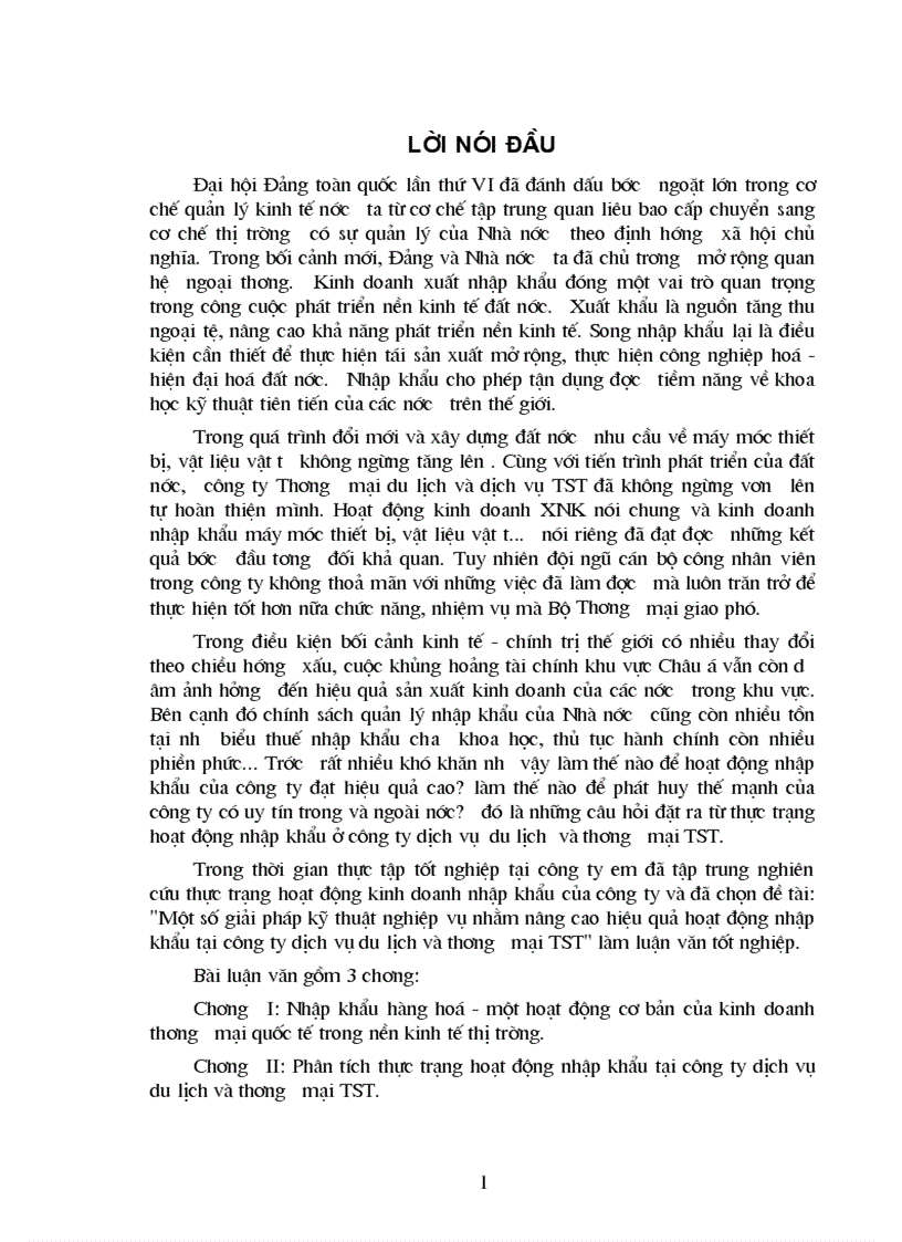 Một số giải pháp kỹ thuật nghiệp vụ nhằm nâng cao hiệu quả hoạt động nhập khẩu tại công ty dịch vụ du lịch và thương mại TST 1