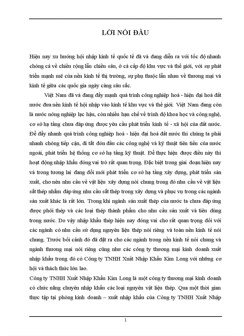 Hoạt động nhập khẩu thép của Công ty TNHH Xuất Nhập Khẩu Kim Long Thực trạng và giải pháp