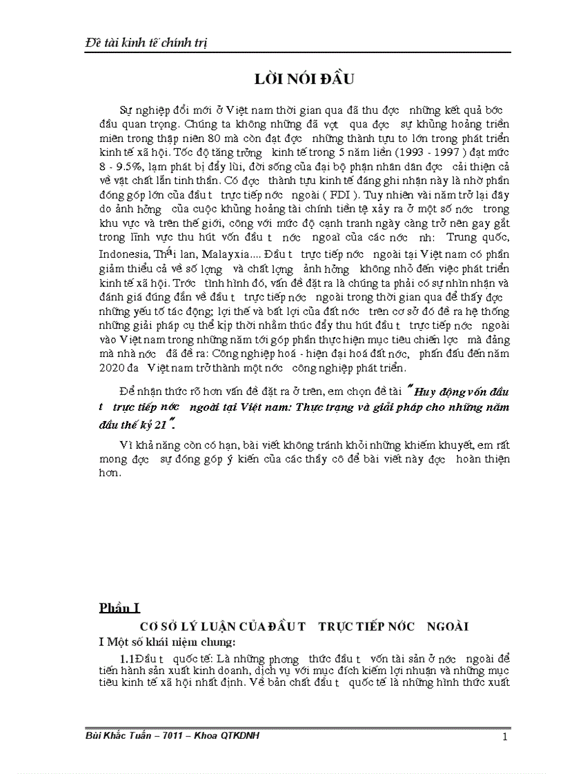 Huy động vốn đầu tư trực tiếp nước ngoài tại Việt nam Thực trạng và giải pháp cho những năm đầu thế kỷ 2